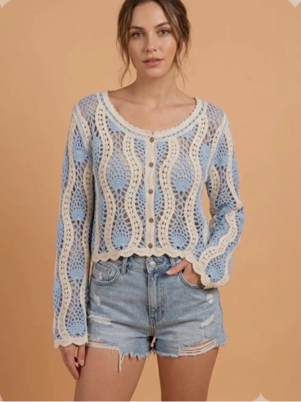 NWOT Light Blue & Cream Crochet Openwork Knit Top